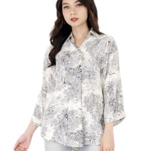 Atasan Kemeja BLouse Wanita Motif Branded Oversize Kerah Vneck Skipper Bahan Rayon Adem LD 110 120 130 cm 4256#